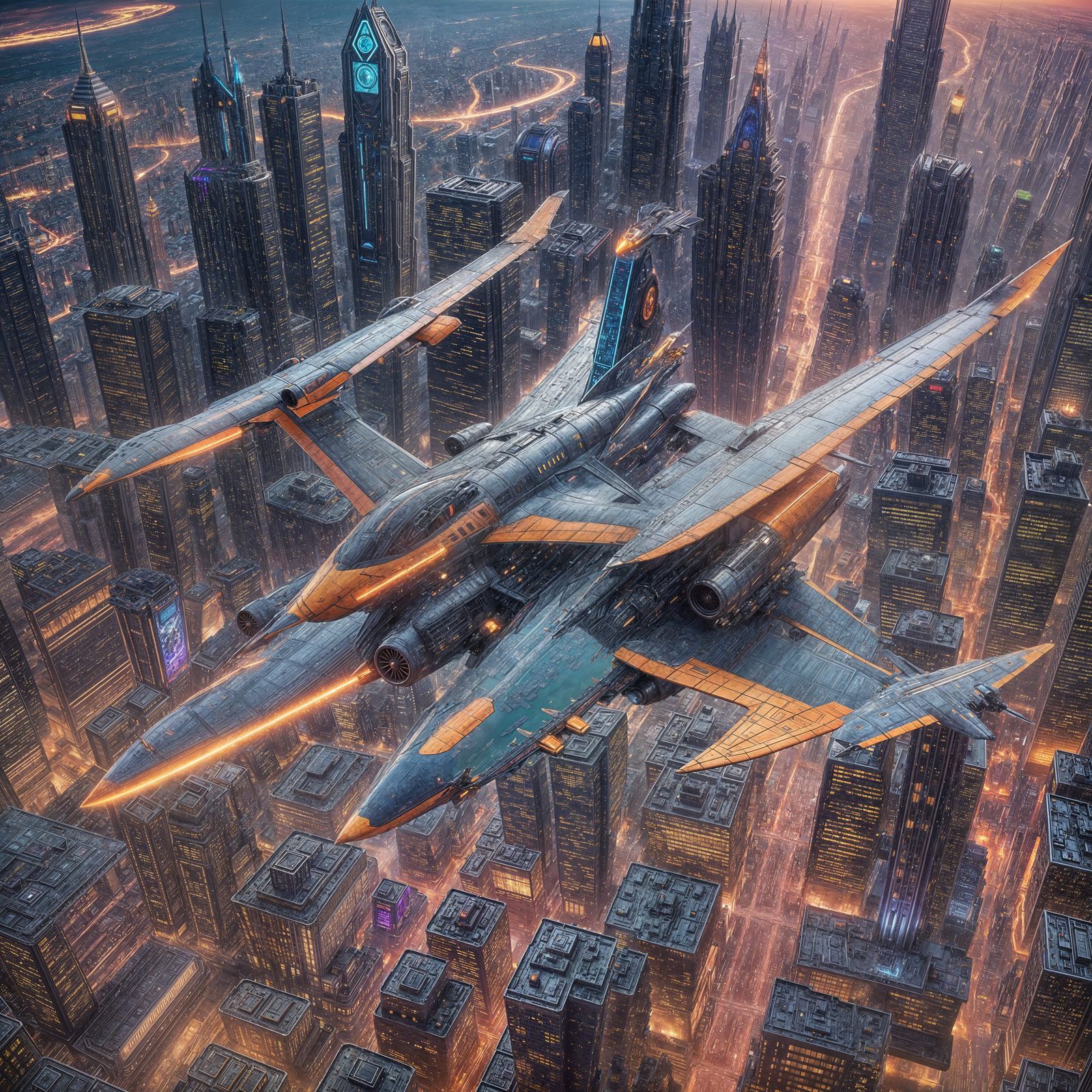 Futuristic Plane Over a City of Tomorrow