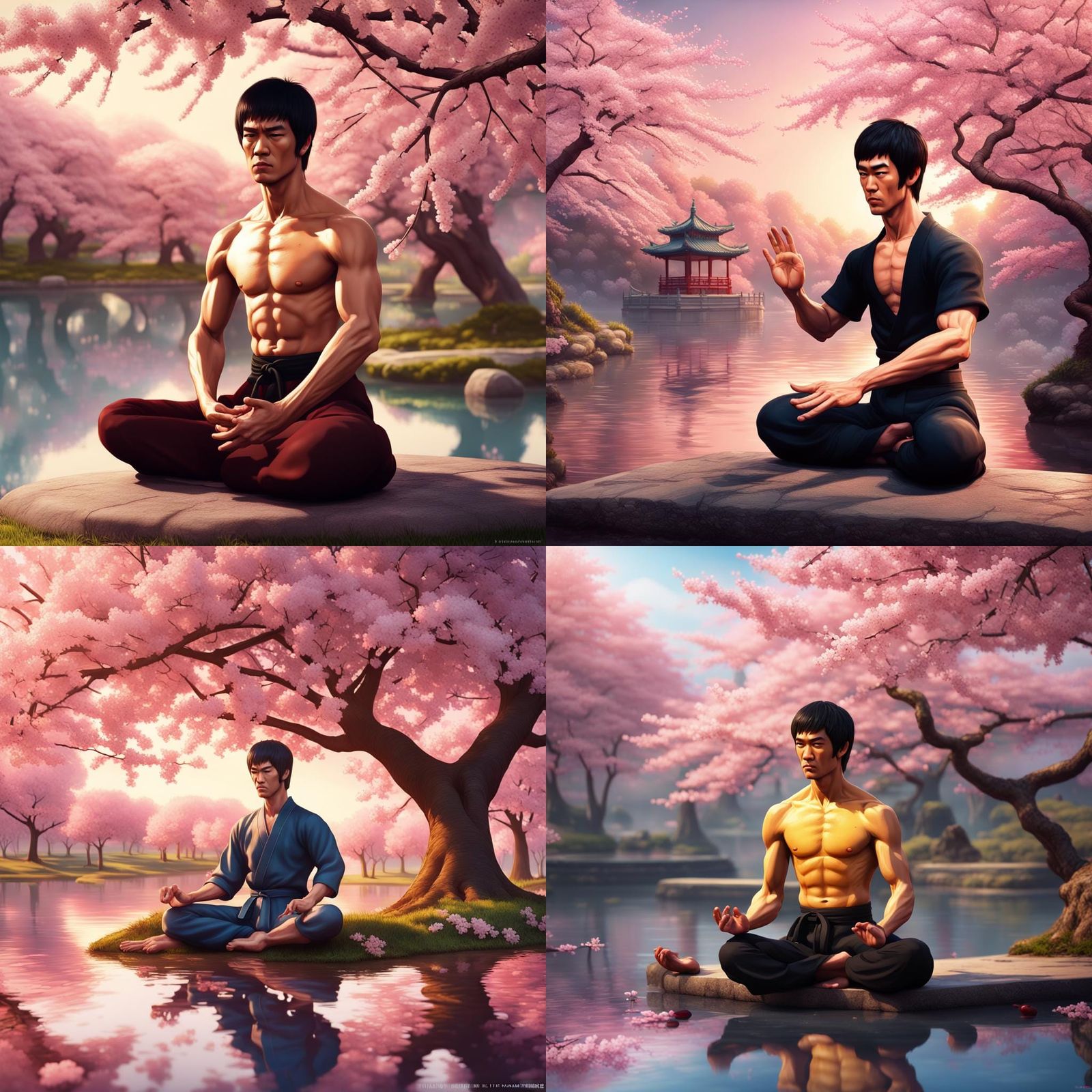 Bruce Lee Meditating by a Cherry Blossom Pond