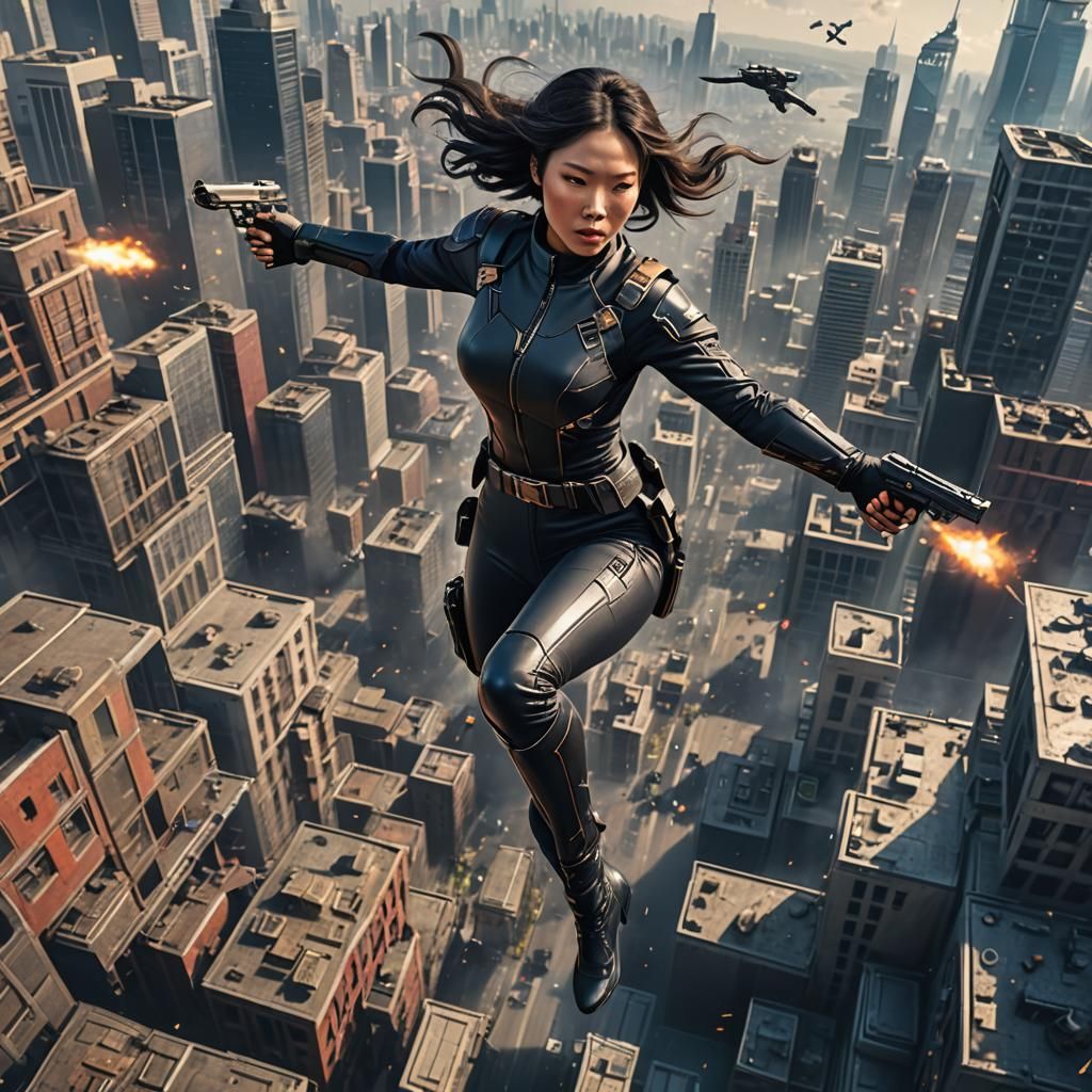 Asian Woman Soaring Over City in Detailed Matte Painting