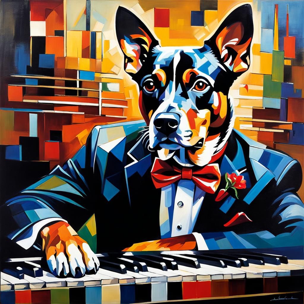 ((gentleman Anthropomorphic Dog), Casablanca piano Sam),Cubism!,Hyperdetailed, Michael Garmash,Jackson Pollock