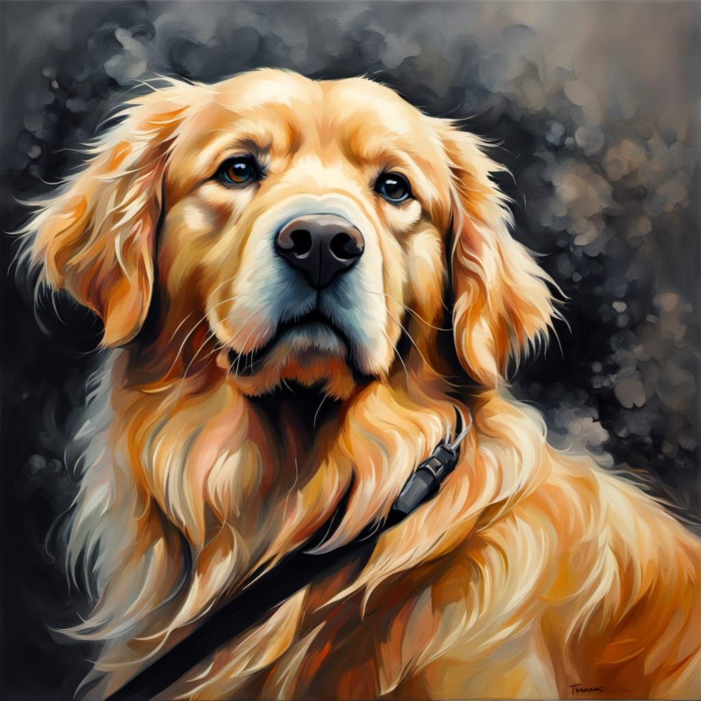 Golden Retriever and Person in Wheelchair, Charcoal Drawing