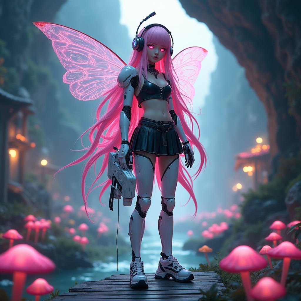 Cyborg Fairy in Cyberpunk Bioluminescent Cave