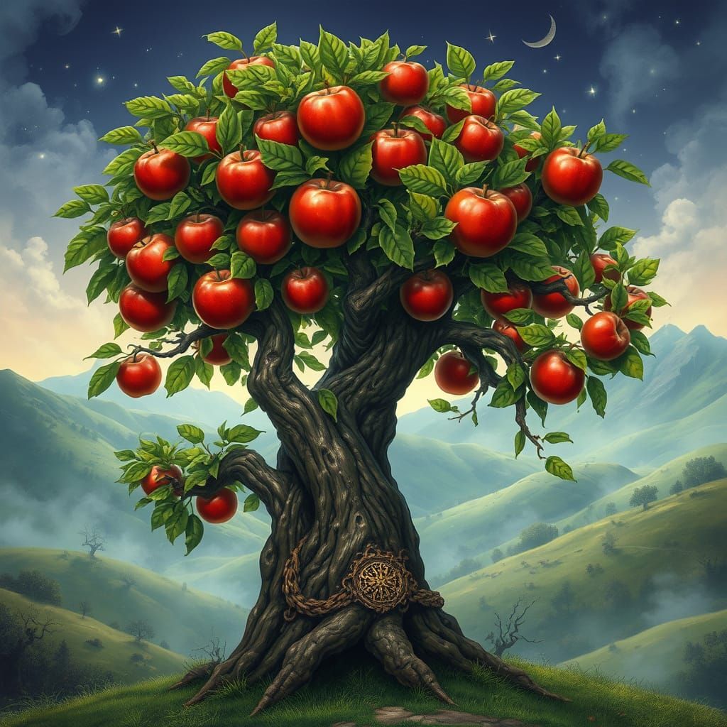 Mystical Fantasy World Apple Tree with Ancient Runes