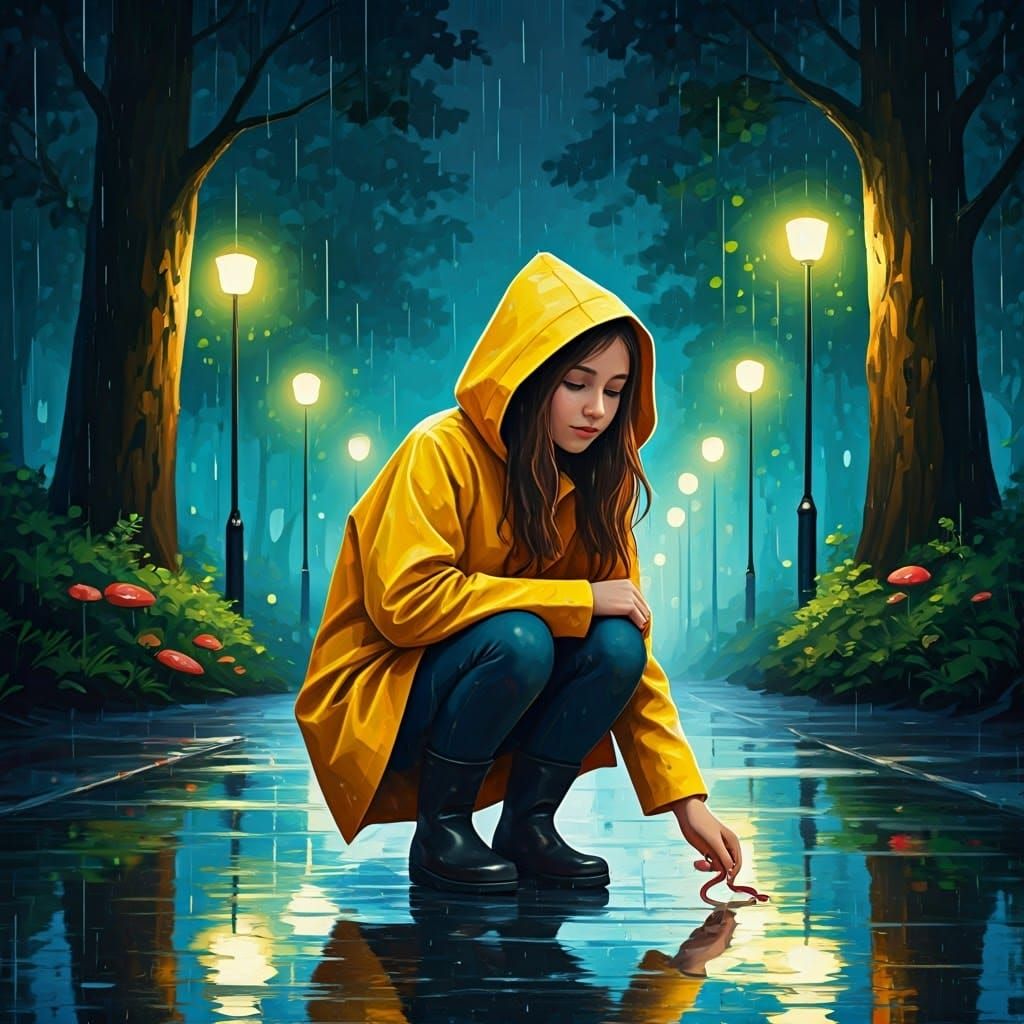 Girl Rescuing Worm in Rainy, Luminous Landscape