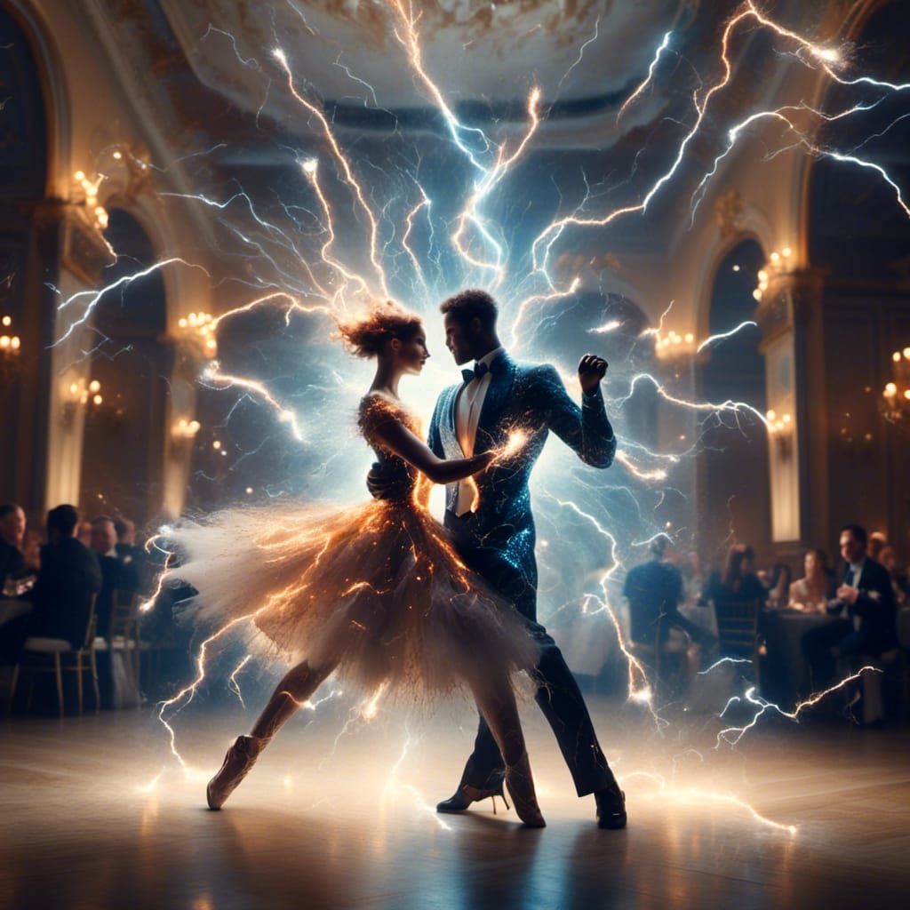 A couple dancing in clothes made of lighting bolts, in a ballroom <lora:Voltus:1.0>