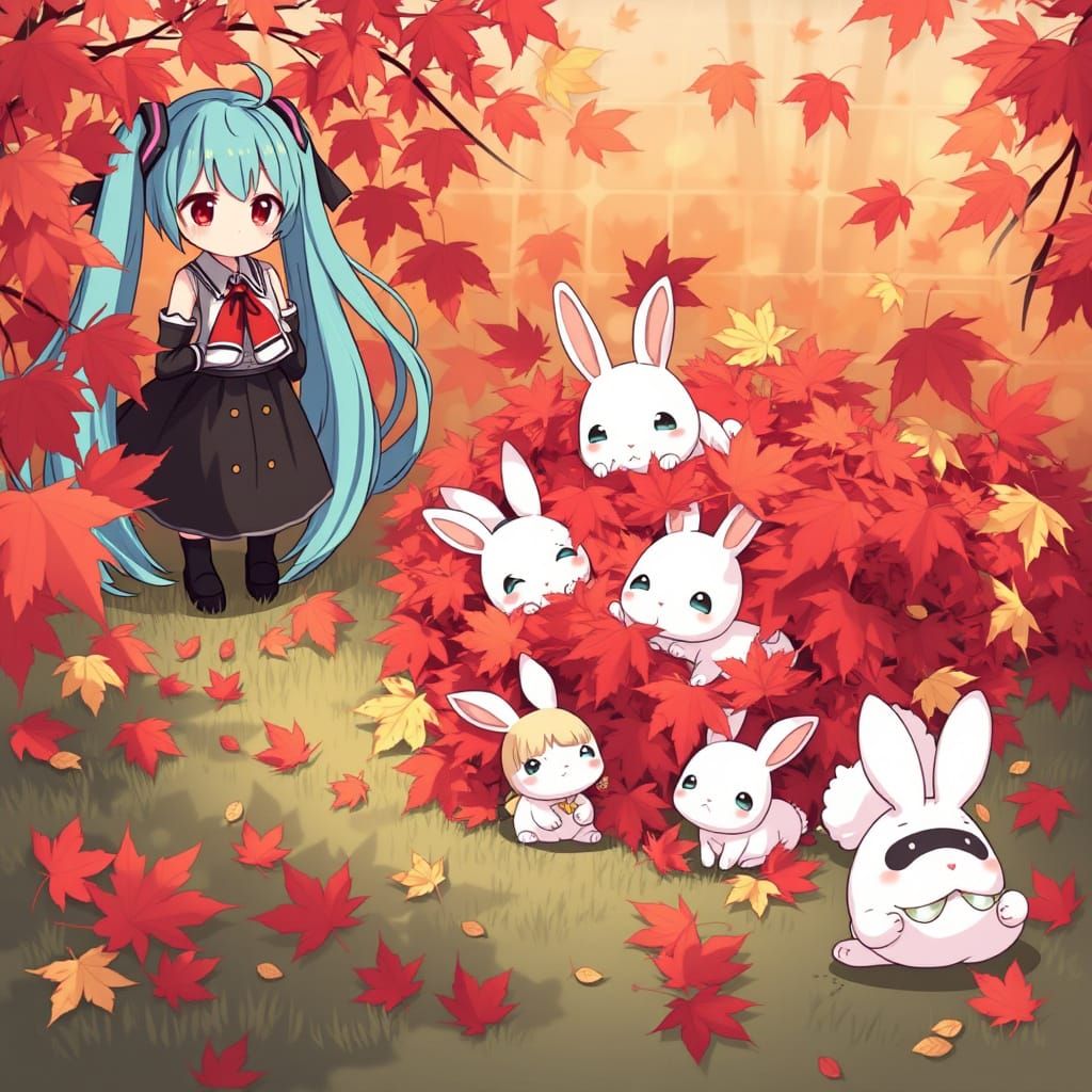 Hatsune Miku Watches Rabbits Play in Autumn Leaves