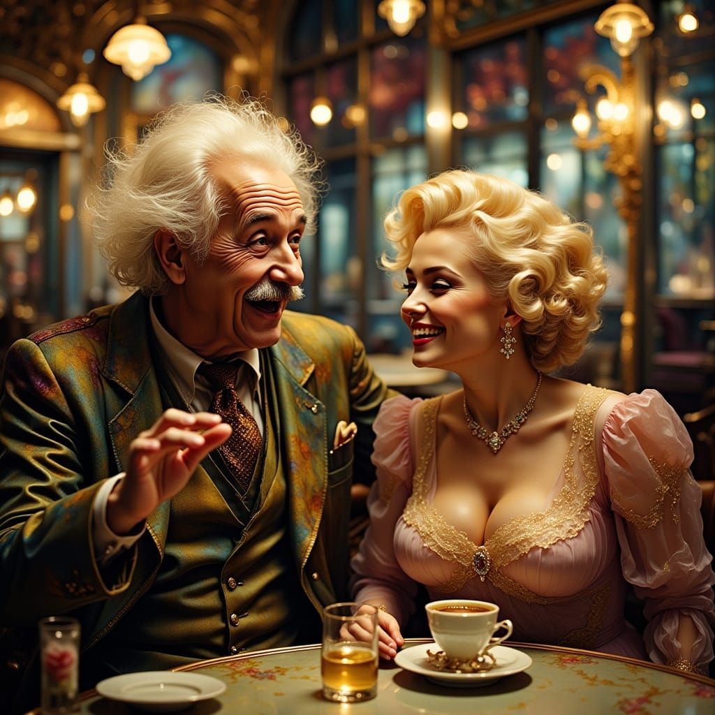 Einstein and Monroe Chatting in Vintage Cafe