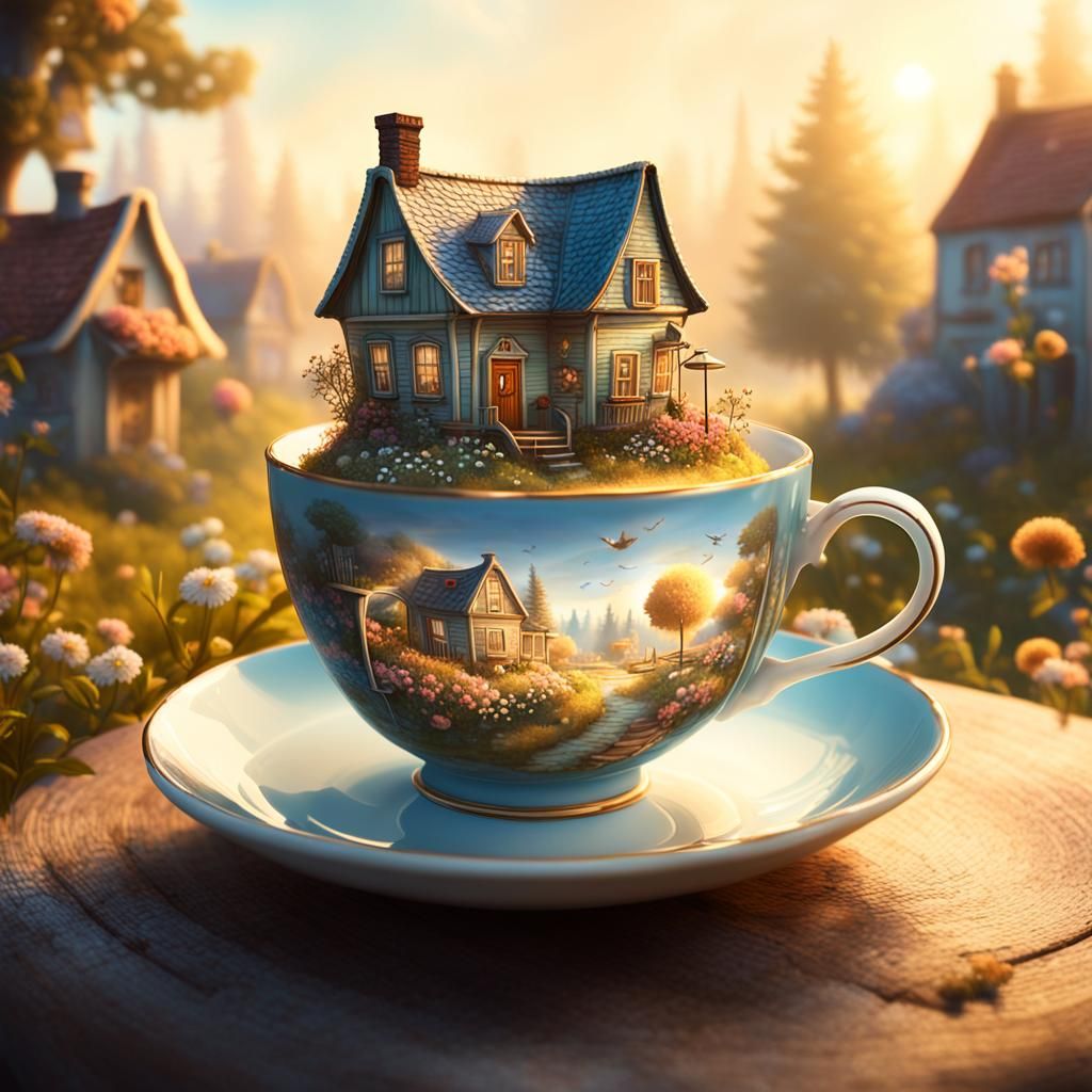 Miniature Village Inside Teacup: Whimsical Digital Art