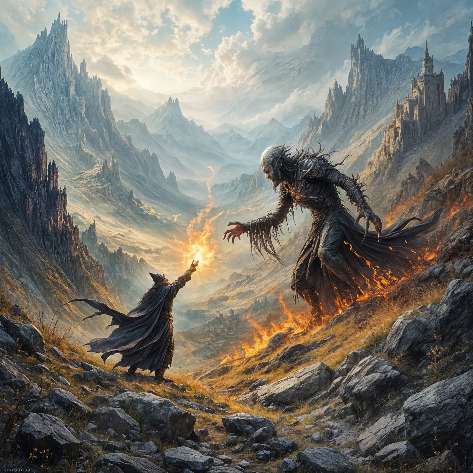 Wizard Duel in a Dark Fantasy Valley