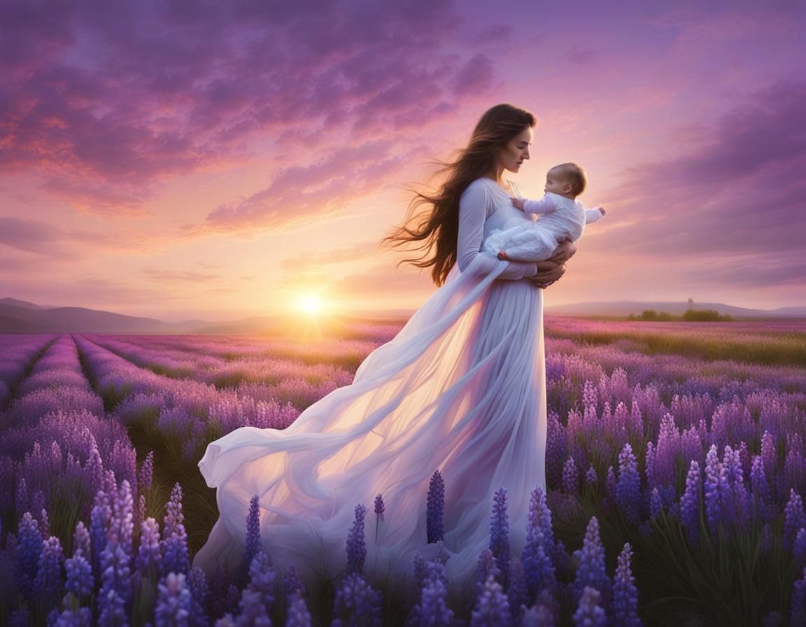 Woman and Baby at Sunrise in Flower Field