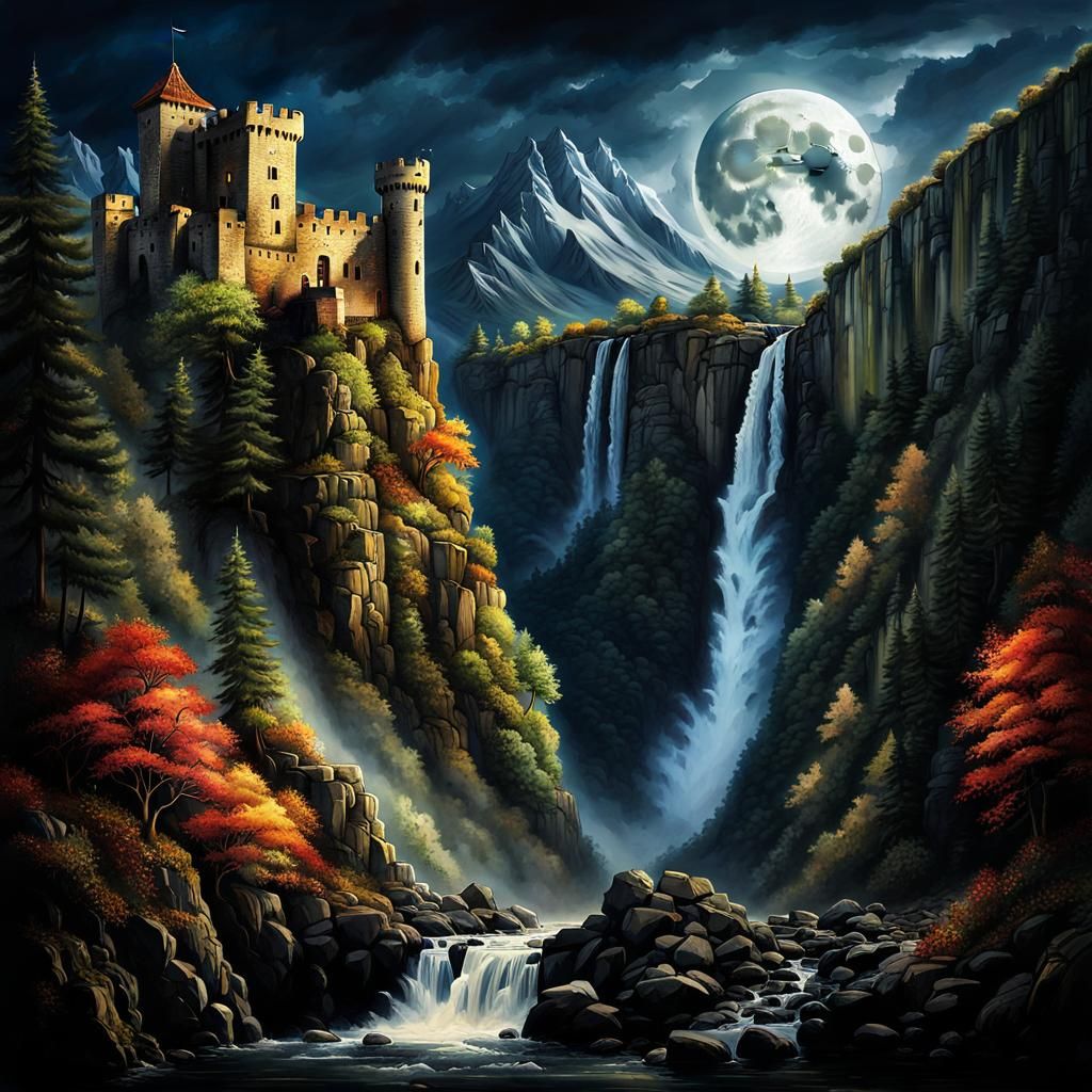 Castle on Waterfall in Watercolor and Ink