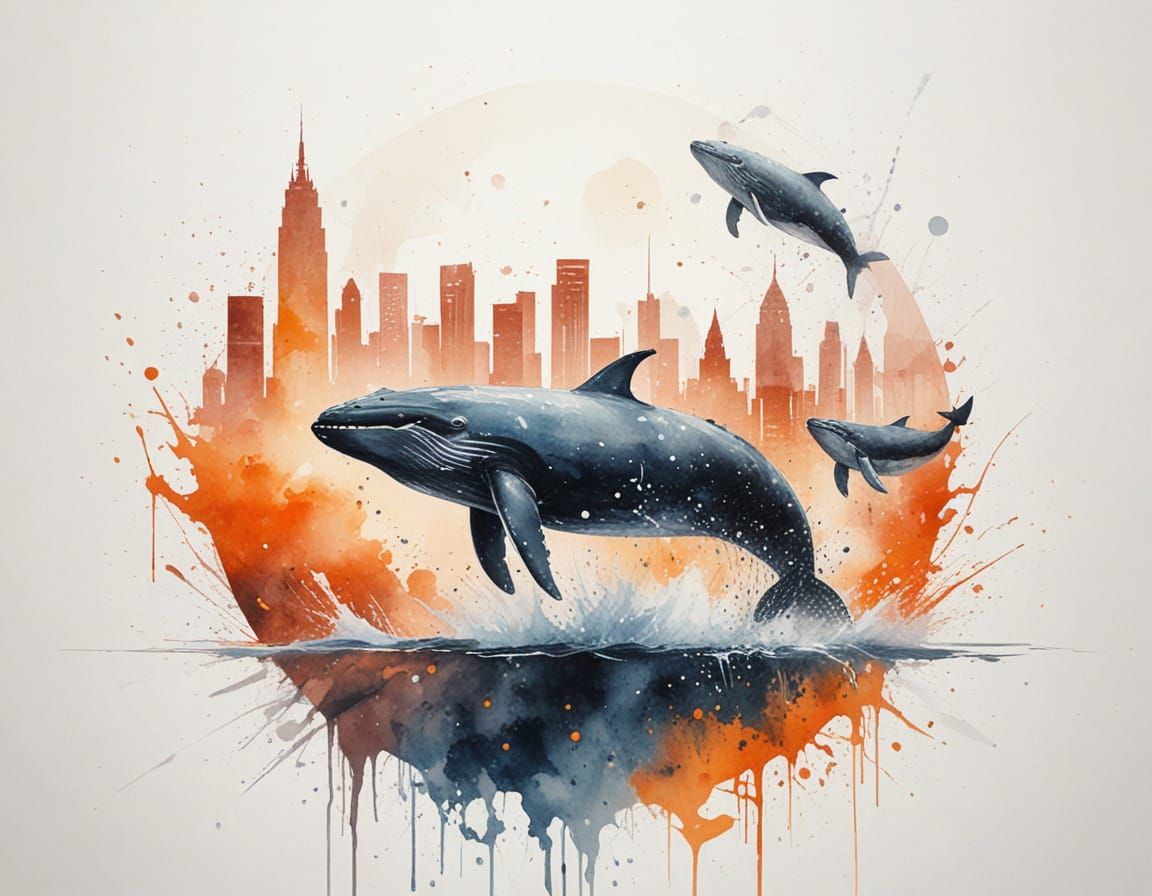 Whales Breach Beside City Skyline in Watercolour Style