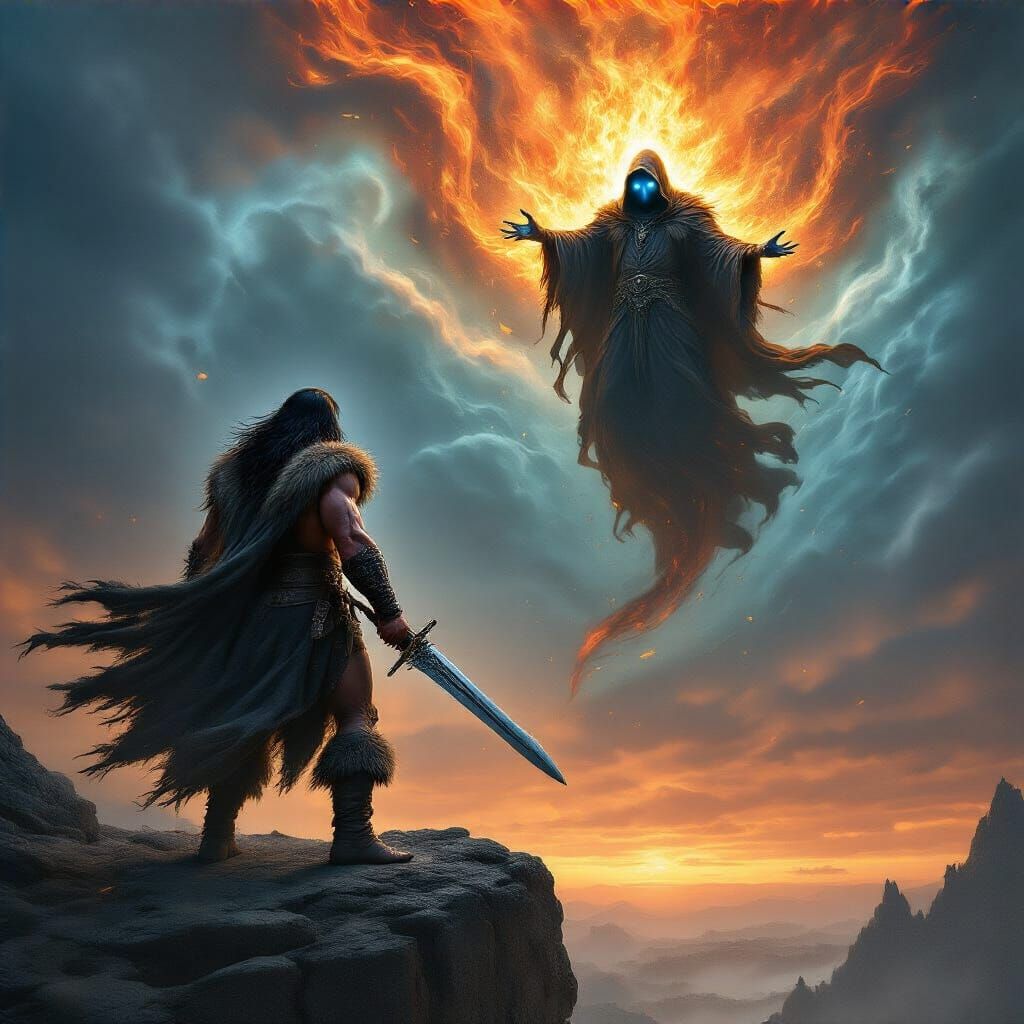 Conan Confronts Sorcerer Summoning Fire Storm