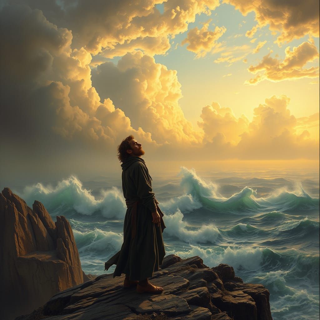 Hermit Contemplates Turbulent Sea in Dramatic Sunset