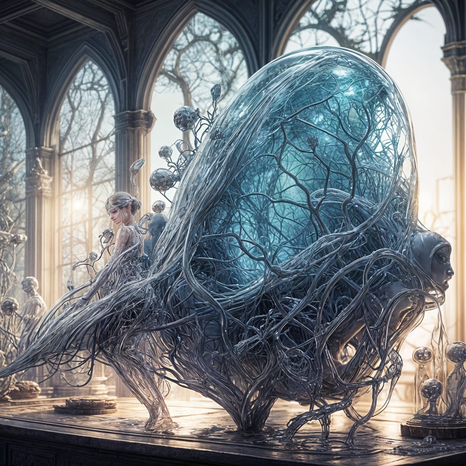 Glass Woman Reveals Transparent Organs in Digital Moonscape