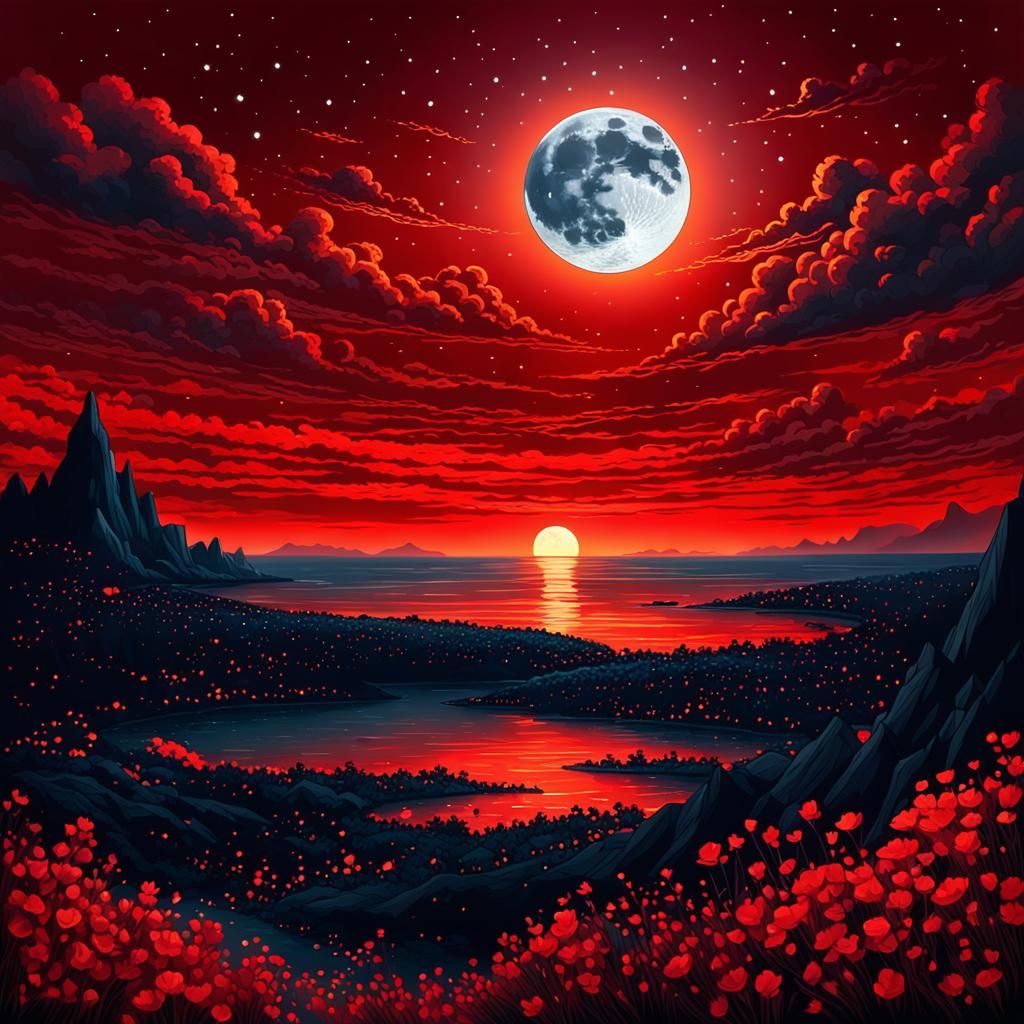 Magical Red Sunset with Sparkles and Shadows