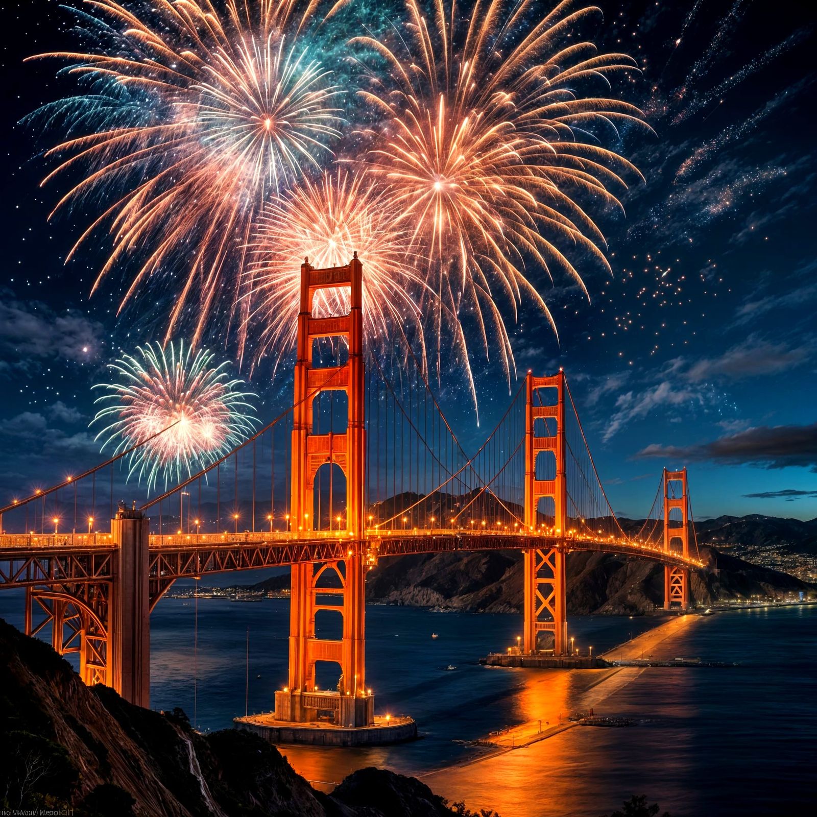 Golden Gate Bridge at Night Under Vibrant Fireworks Display