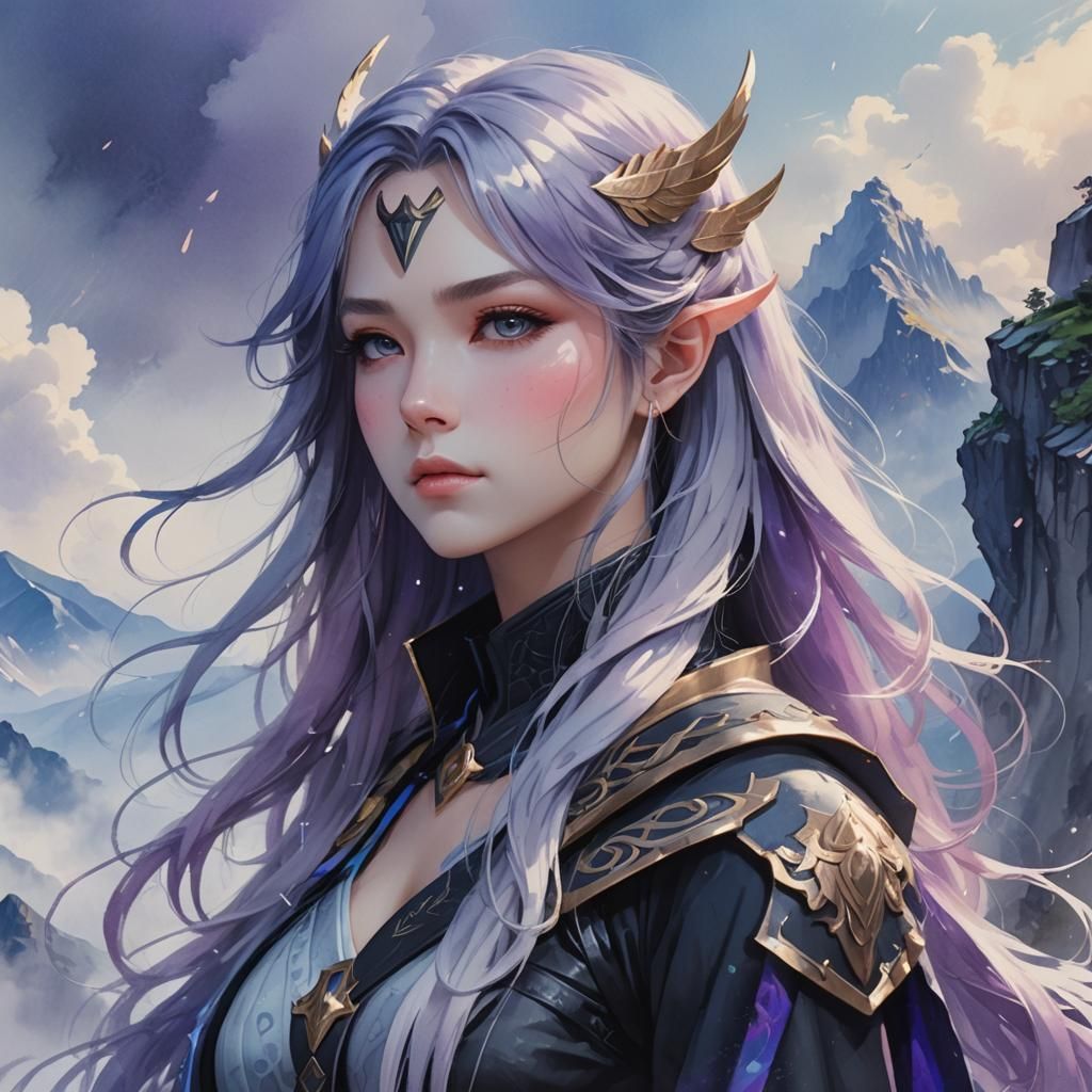 Valkyrie on Misty Peak in Watercolor Anime Style