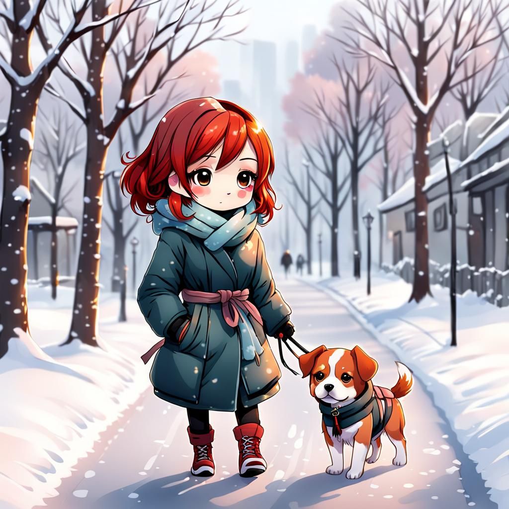 Chibi Girl Walks Dog on Winter Afternoon