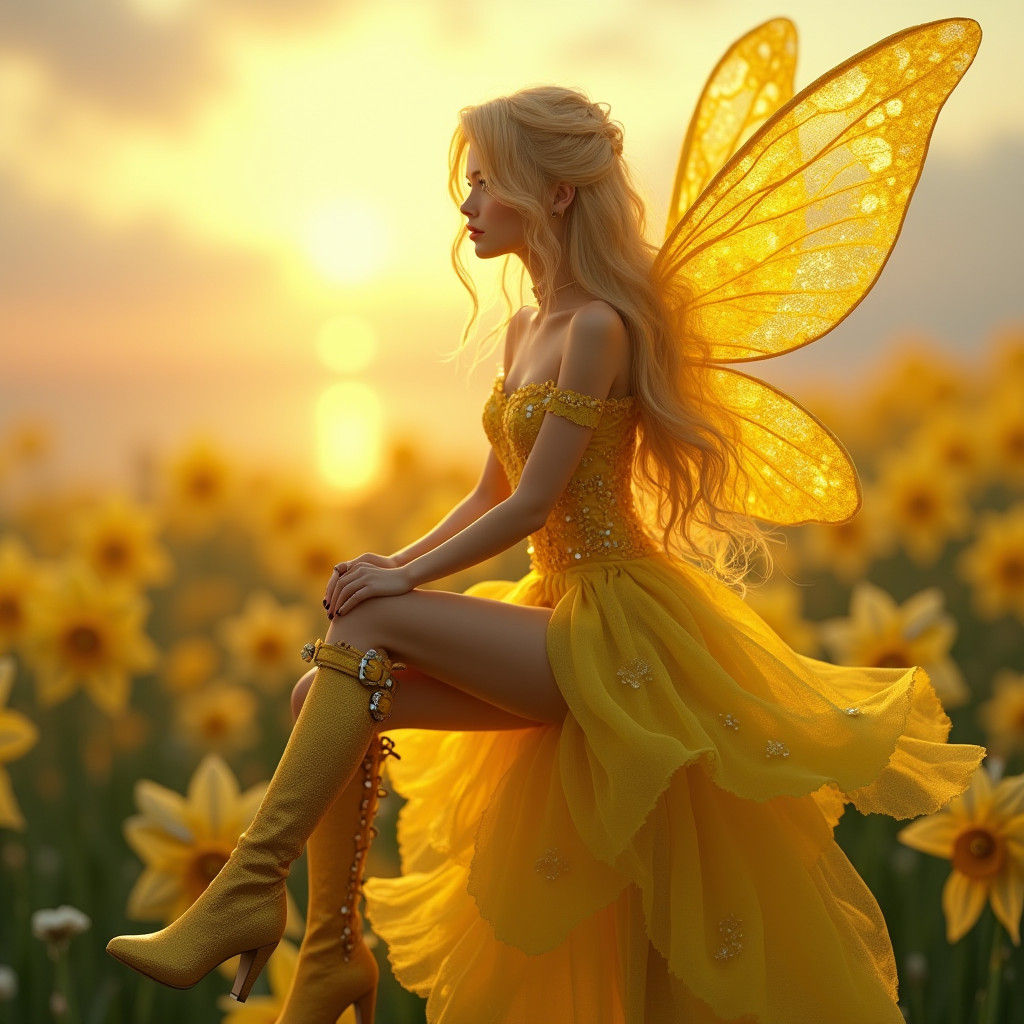 Daffodil Fairy in Haute Couture Gown, Digital Art