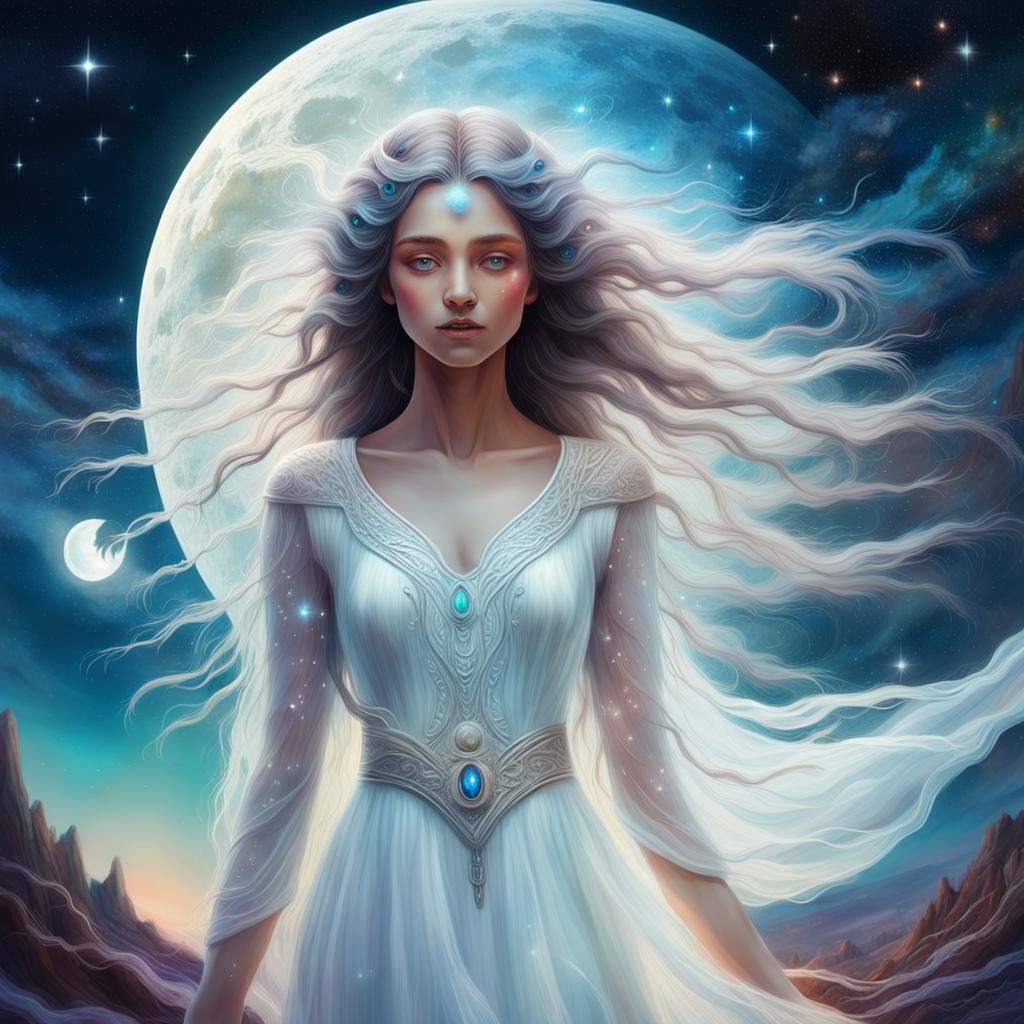 Celestial Woman Holding Moon: Digital Fantasy Art