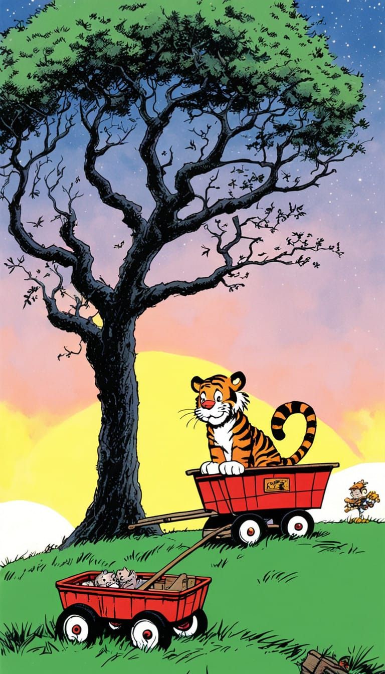Melancholy Hobbes in Sunset Cartoon Art