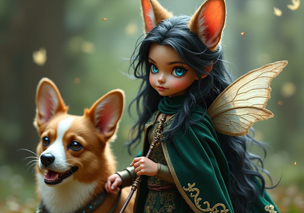 Faerie Queen and Corgi Steed in Misty Realm