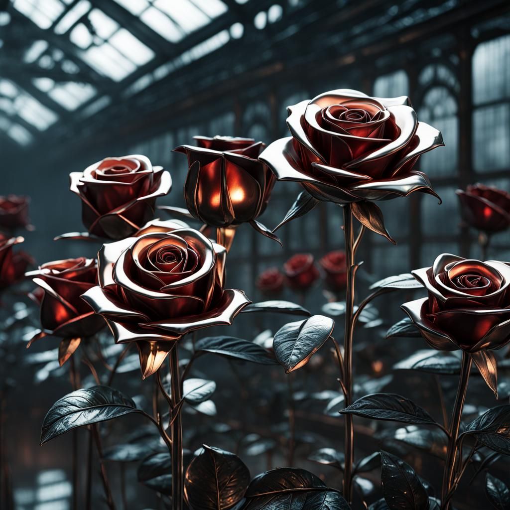 Metallic Roses in Sci-Fi Greenhouse