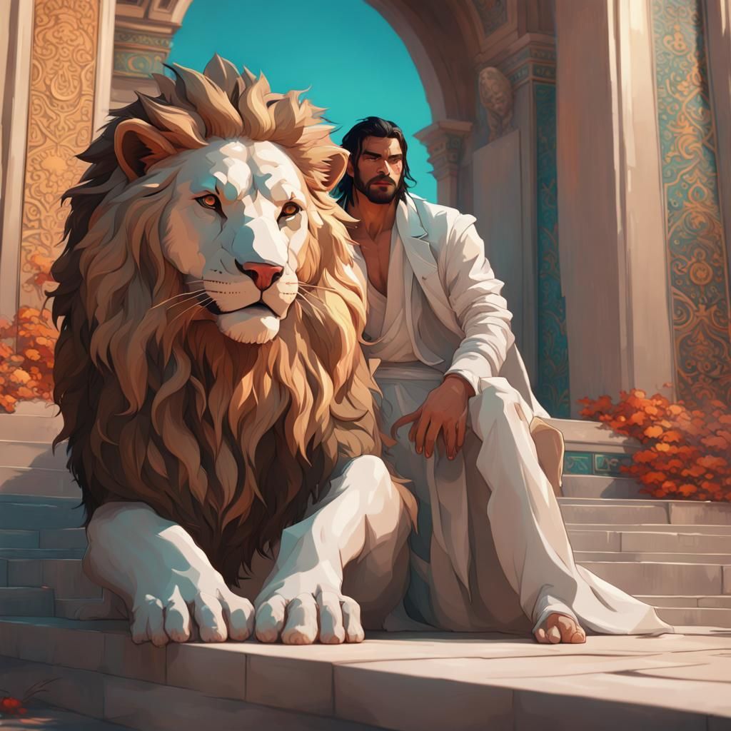 Man with Lion in Art Nouveau Style