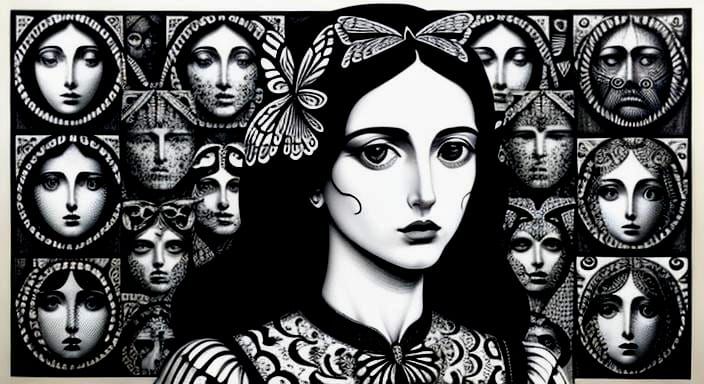 Monochrome Butterfly Woman in Surreal Classicism Style