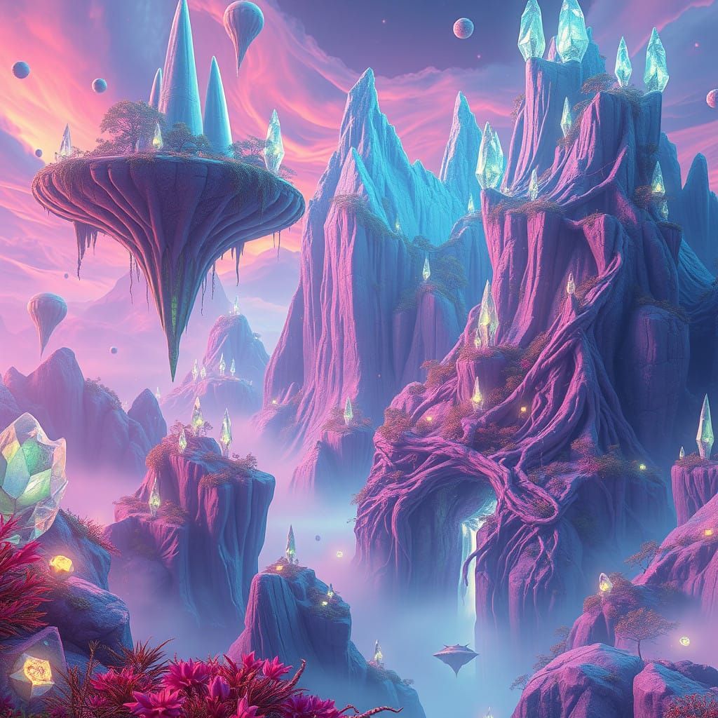 Surreal, Ethereal Landscape with Floating Islands and Unconv...