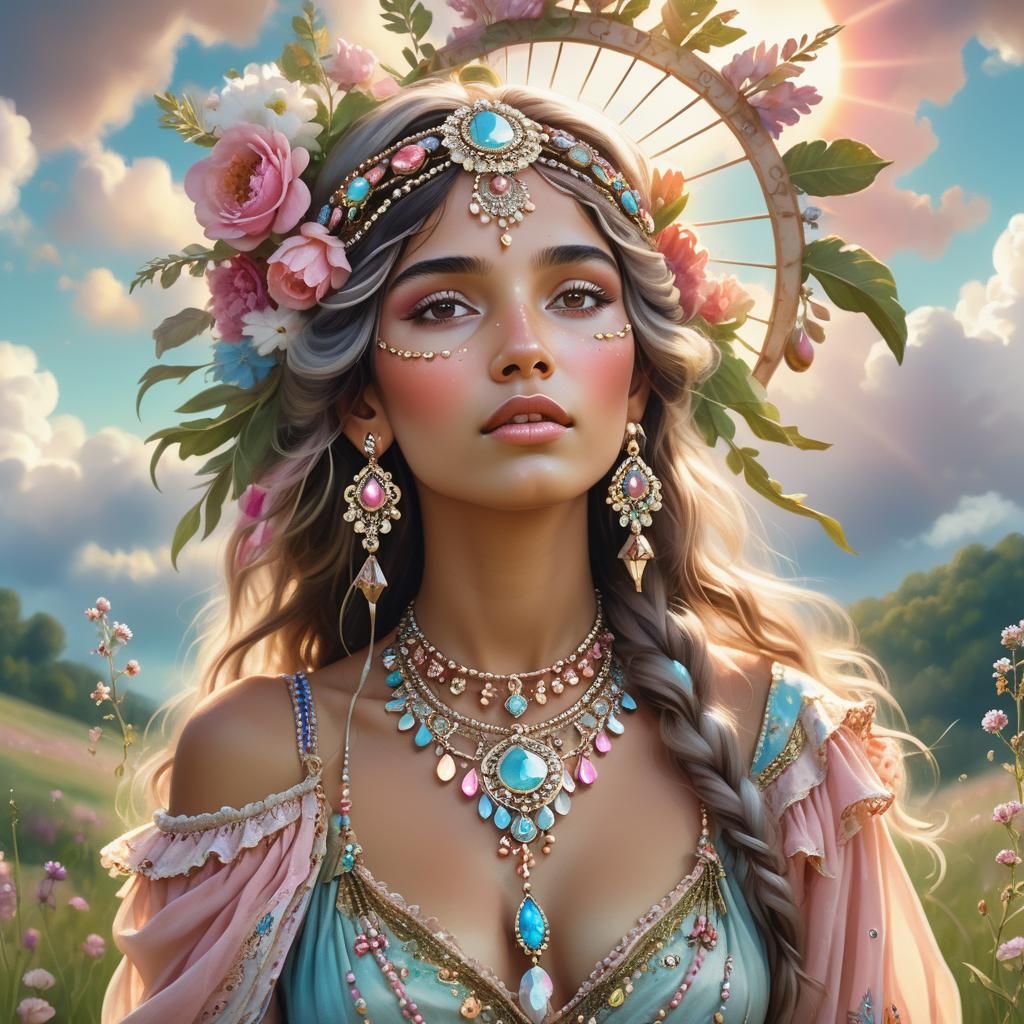 Dreamy Gypsy in Lush Meadow with Divine Light