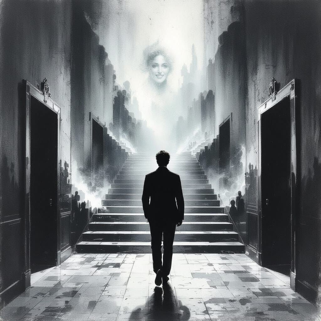 Surreal Staircases and Fleeting Visions in Shadowy Interior