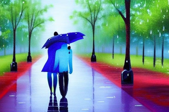 Couple in Rainy Park: Acrylic Painting