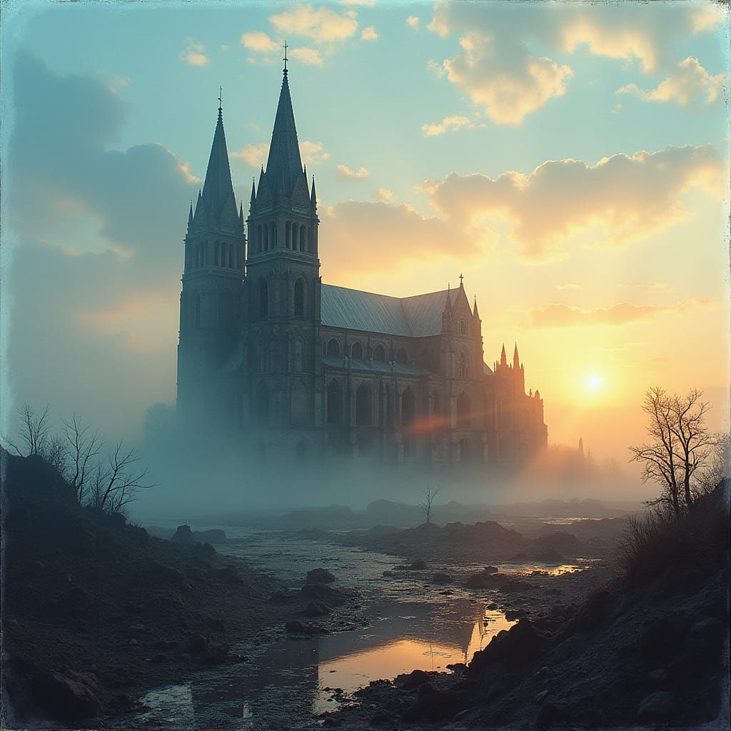 Apocalyptic Cathedral Double Exposure as Oil Painting
