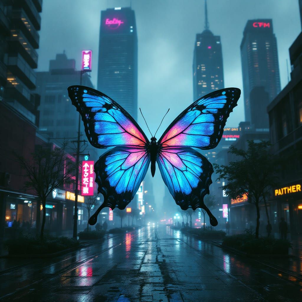 Butterfly in Dystopian Cyberpunk Cityscape