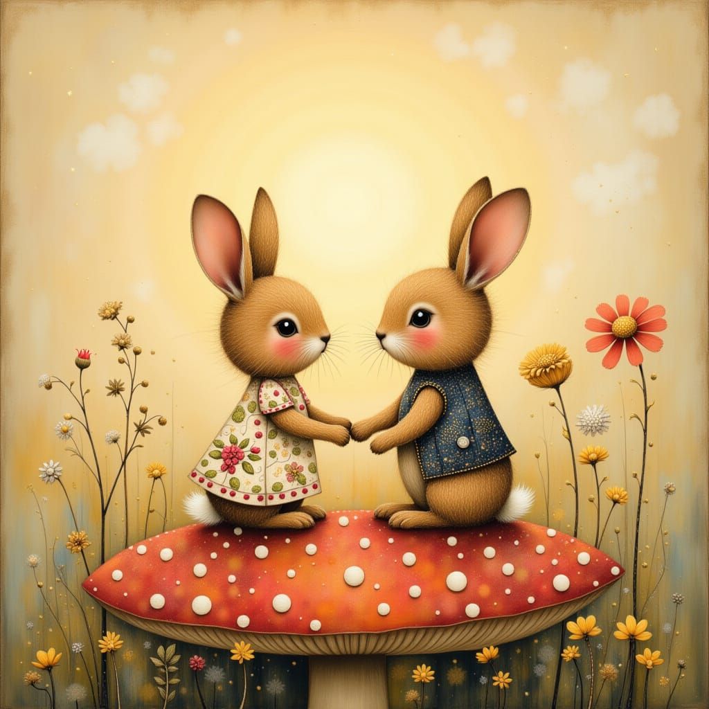 <lora:Shadow whimsy:1.0>   2 tiny rabbits are sitting holding hands  on top of a toadstool. The lady rabbit has a Laura ...