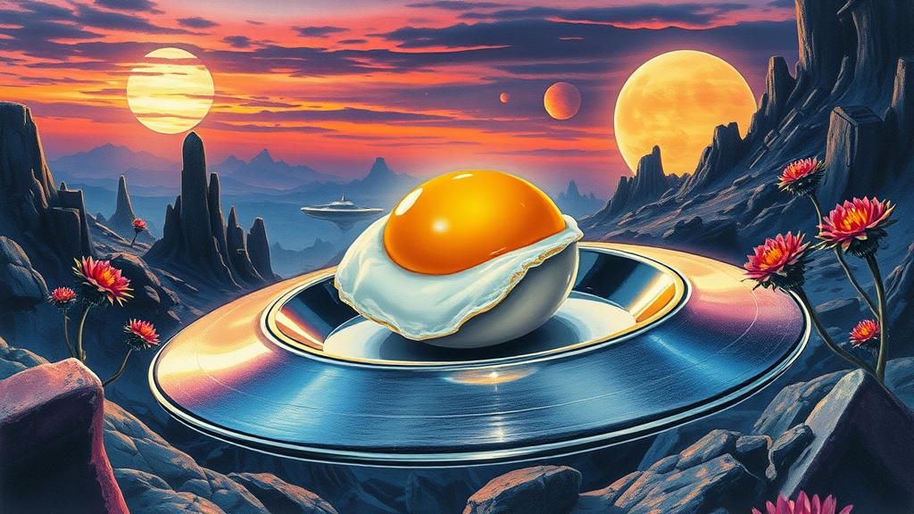Surreal Egg on Flying Saucer in Alien Landscape