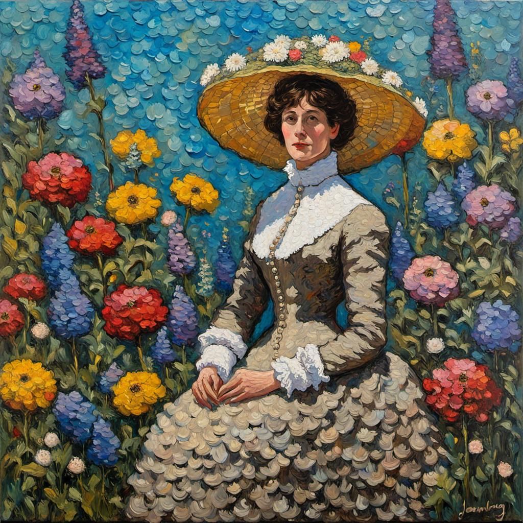 Lady in Flower Garden: Impressionist Impasto Painting