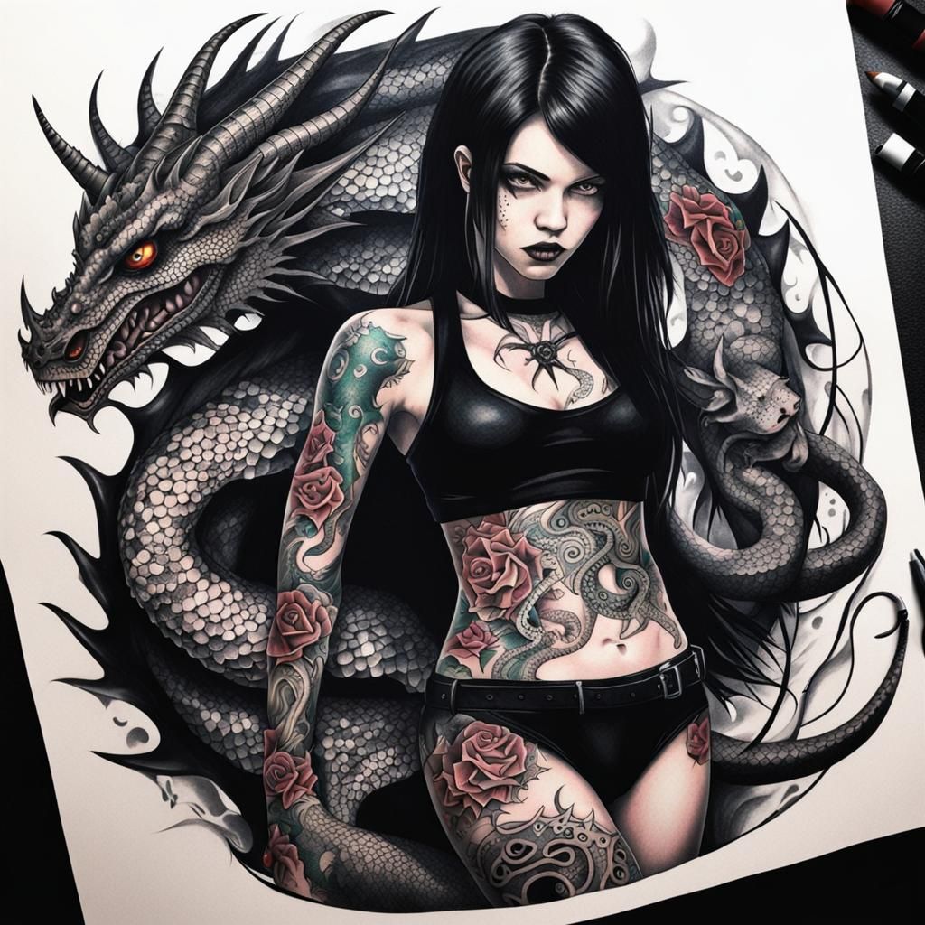 Gothic Girl Bikini with Dragon Tattoo
