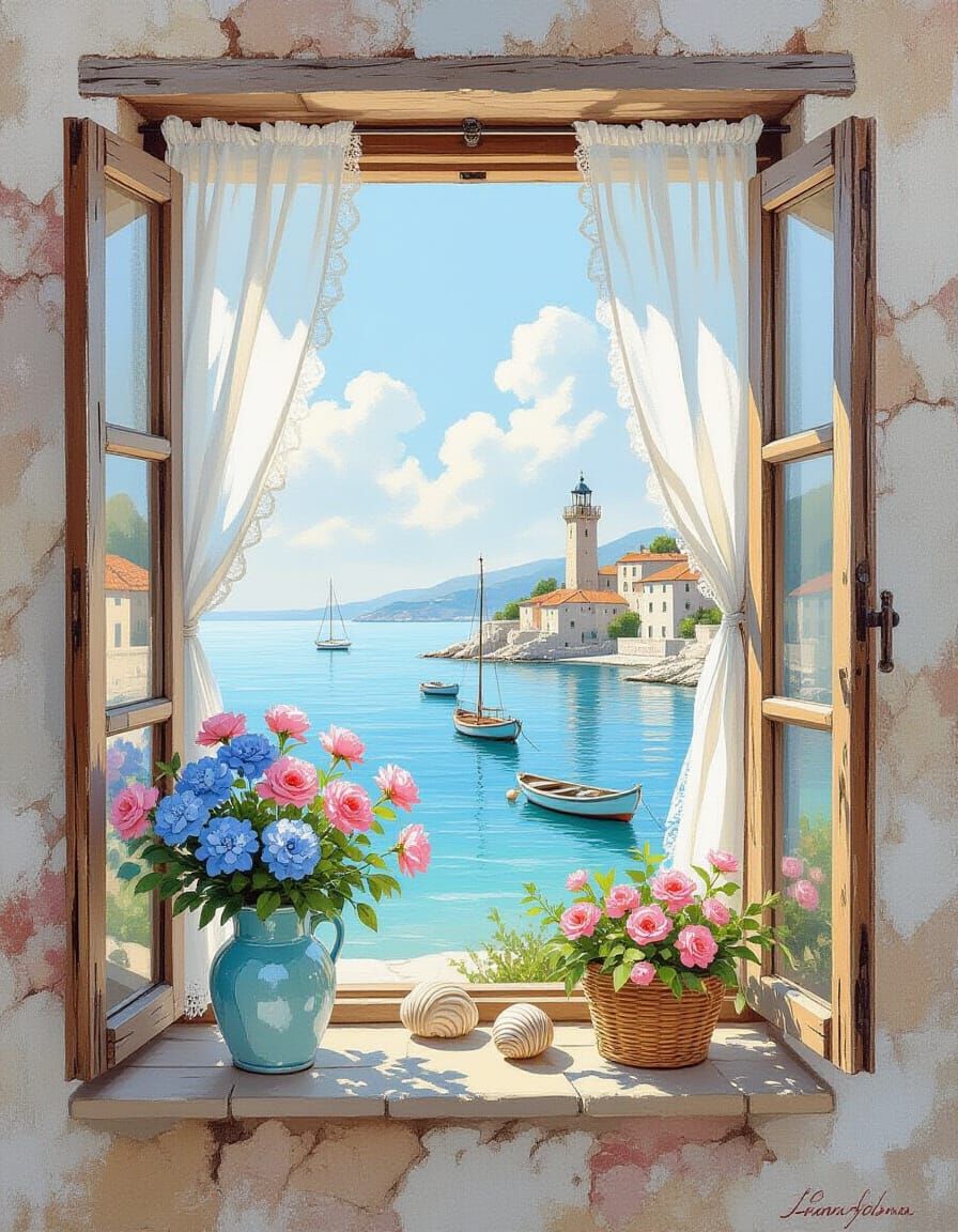 Seascape Through Window in Shabby Chic Oil Painting