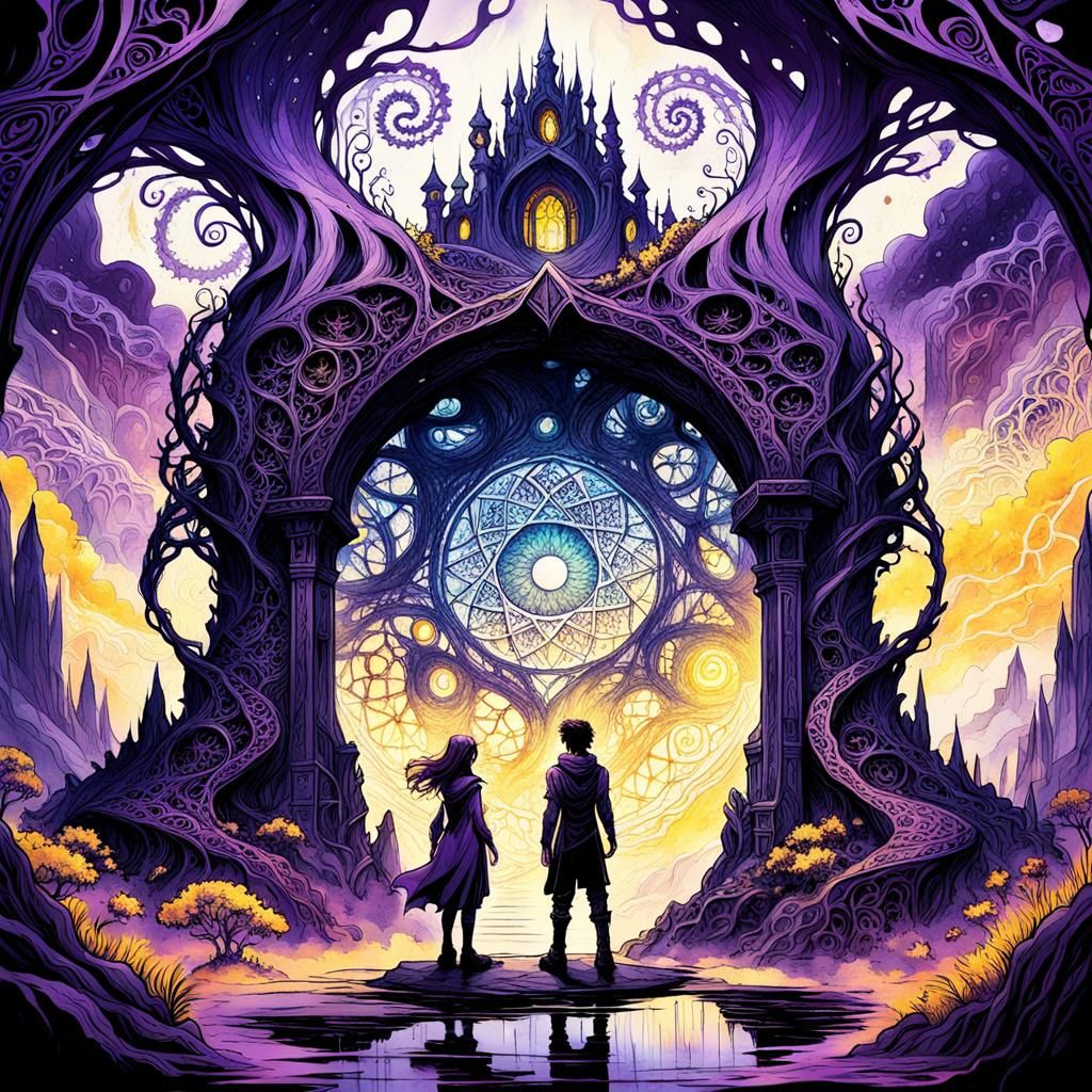 Mystical Portal: Siblings in Dark Fantasy Landscape