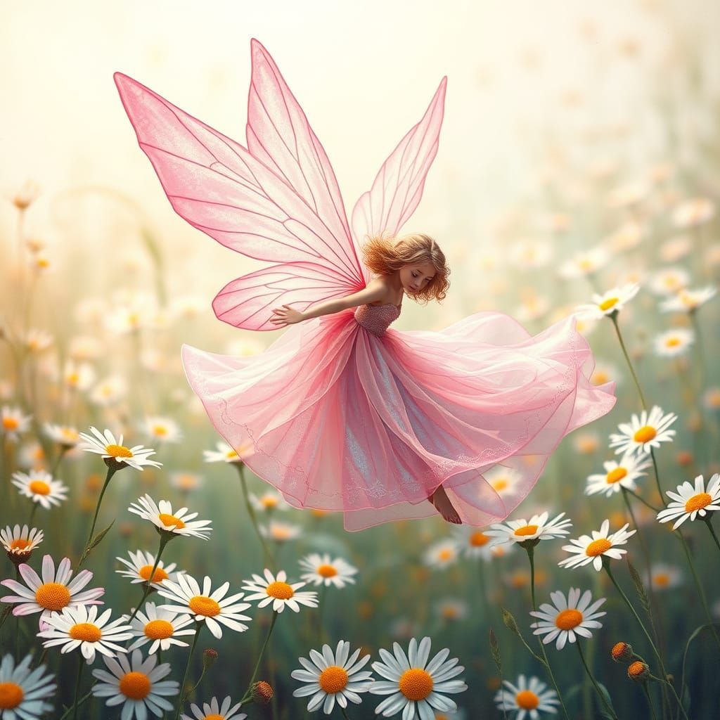 Pink Fairy Soaring Through Daisy Field
