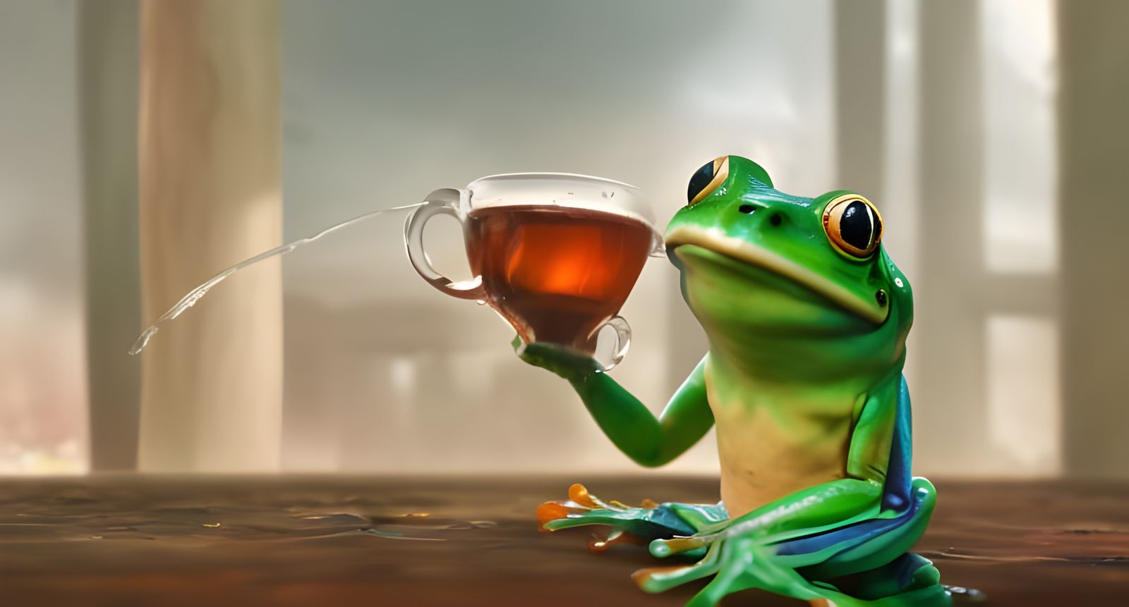 Blue and Green Frog Drinking Tea in Fantasy Art