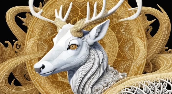 White Deer and Golden King in Abstract Fractal Art