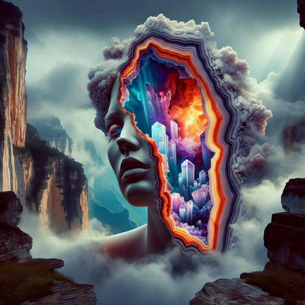 Surreal Goddess of the Cosmos in a Geode-Like Formation