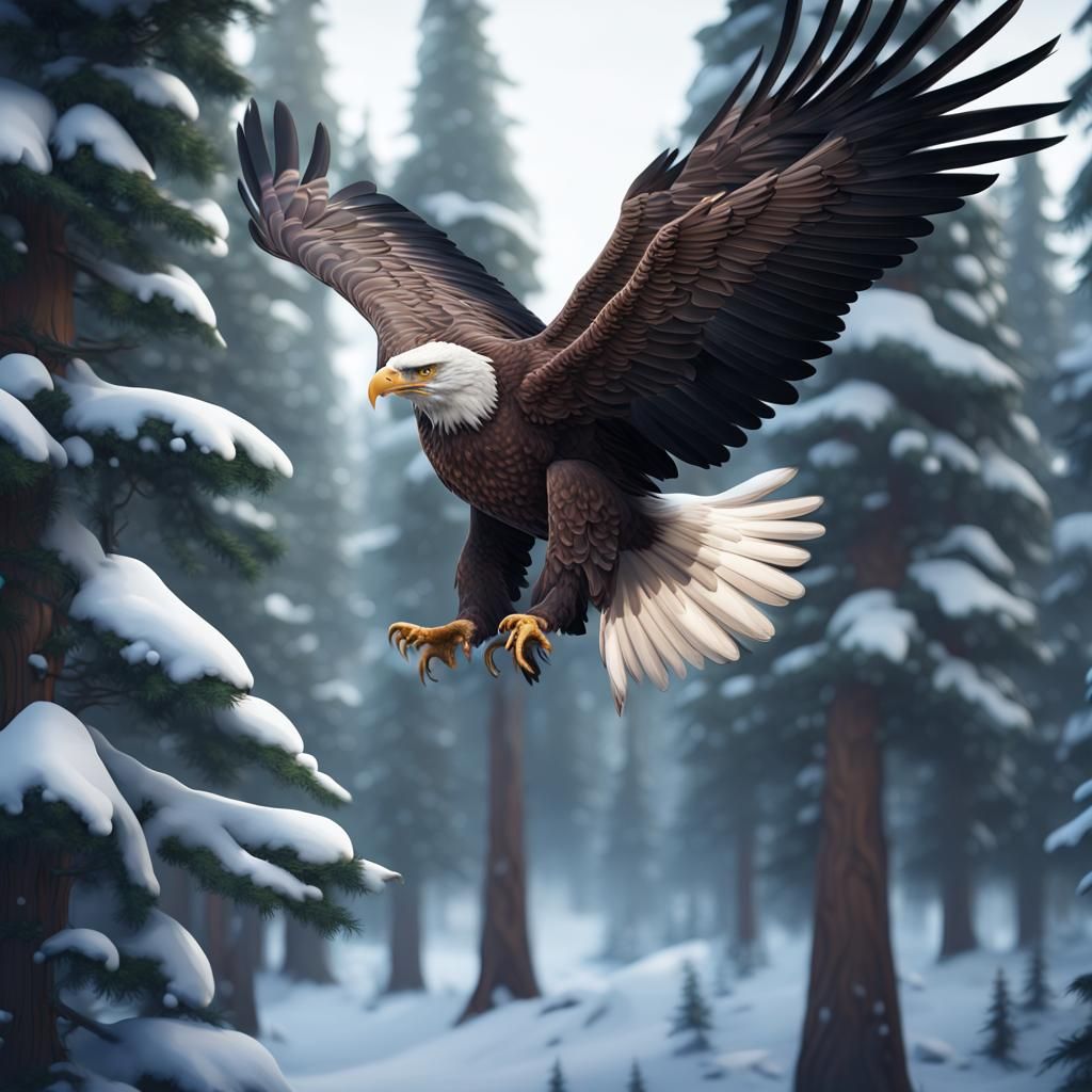 Eagle Soaring Through Snowy Pines: Fantasy Art