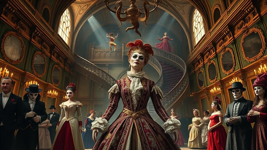 Masquerade Ball in Tudor Ballroom, Oil Painting Style