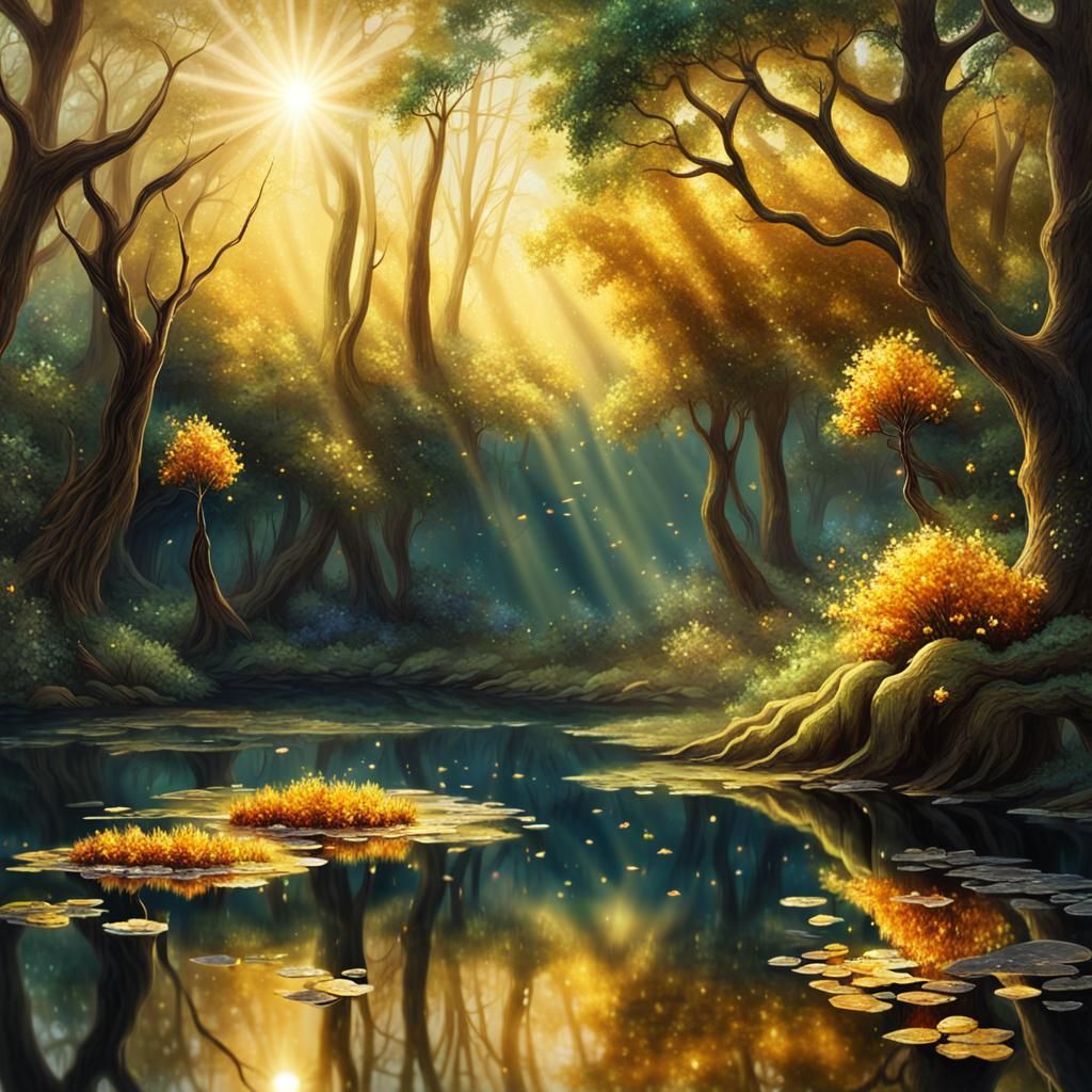 Dreamy Golden Pond with Glowing Gems and Sunshine