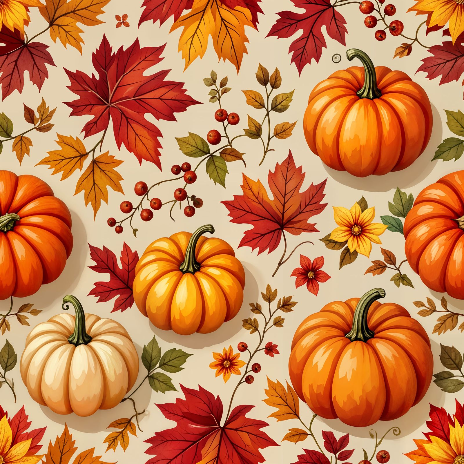 Autumn Leaves and Pumpkins Seamless Repeat Tile Watercolor I...